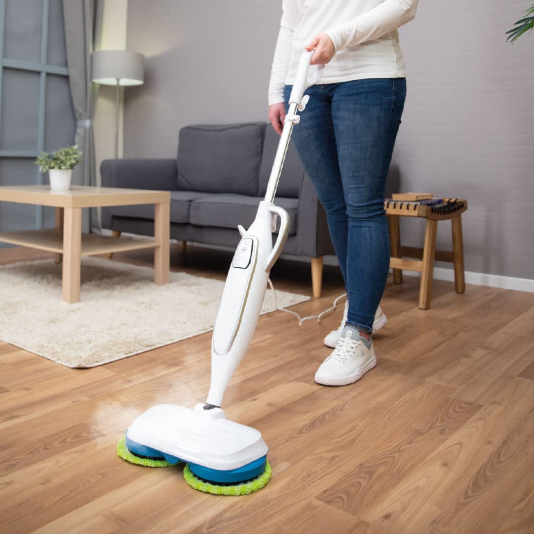 Livington Steam Twister weiß - Mega Spar Set - rotierender Dampfreiniger inkl. Reinigungsaufsätze & Ersatzpads - Dampfbesen & Handdampfreiniger - elektrischer Bodenwischer - Mop