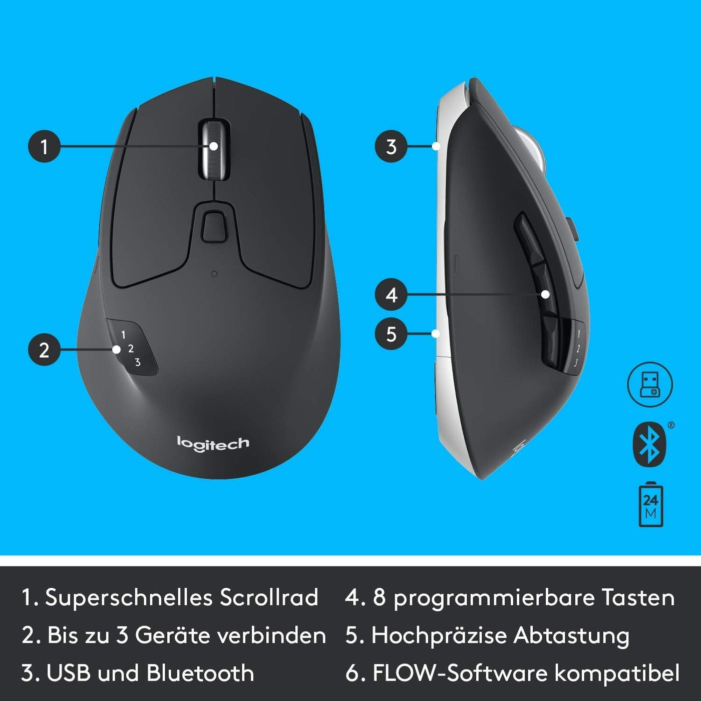 Logitech MK850 Performance Kabelloses Tastatur-Maus-Set, Bluetooth, 2.4 GHz Verbindung via USB-Empfänger, 24 bis 36-Monate Akkuleistung, Handballenauflage, Deutsches QWERTZ-Layout, Schwarz