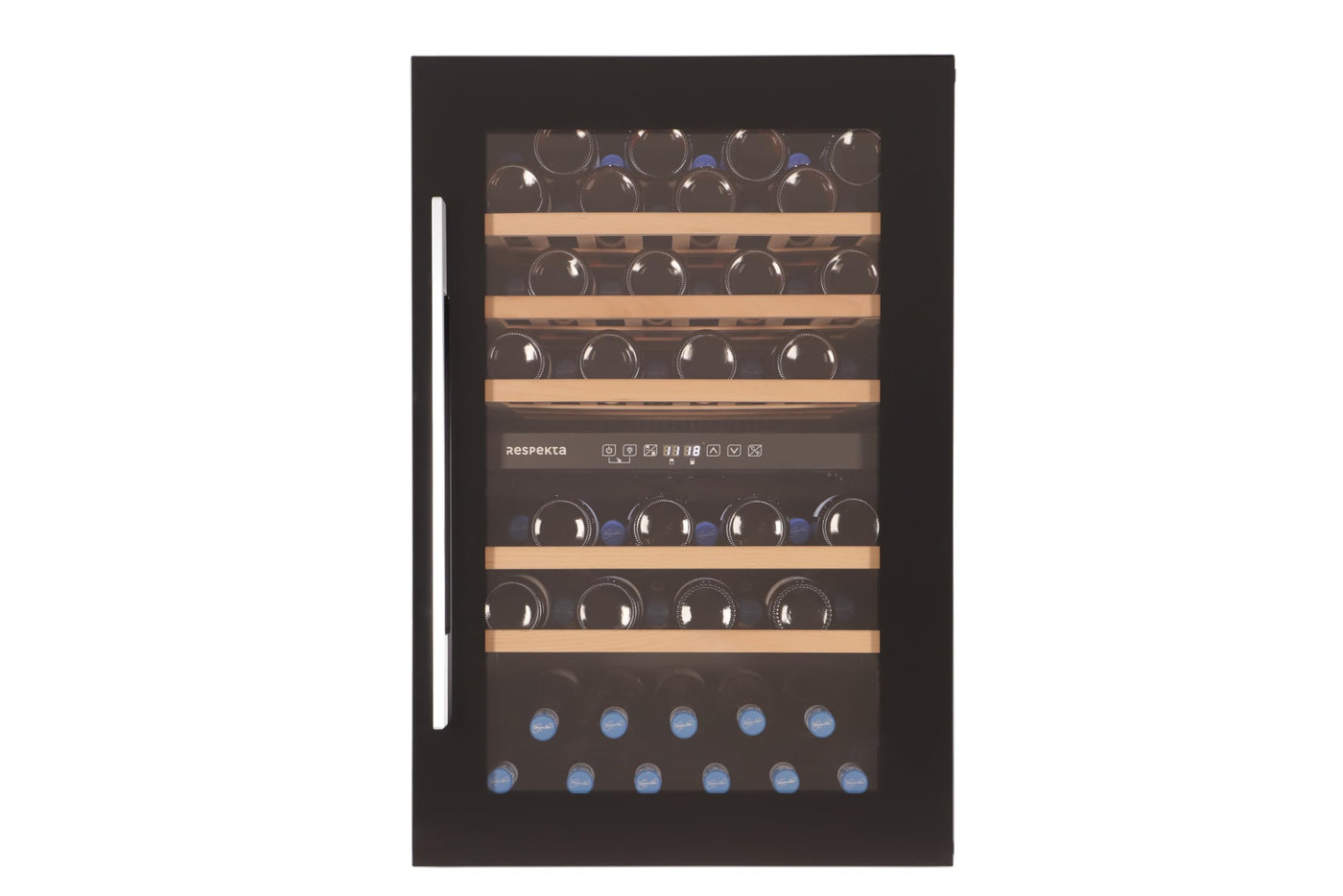 Respekta Einbau-Weinkühlschrank für 57 Standardflaschen / 143 L Nutzinhalt / 2 Temperaturzonen, je 5°-22°C/Touch Control/LED Leuchte/Wechselbarer Türanschlag/Max. 38 dB/WKSE 57-19