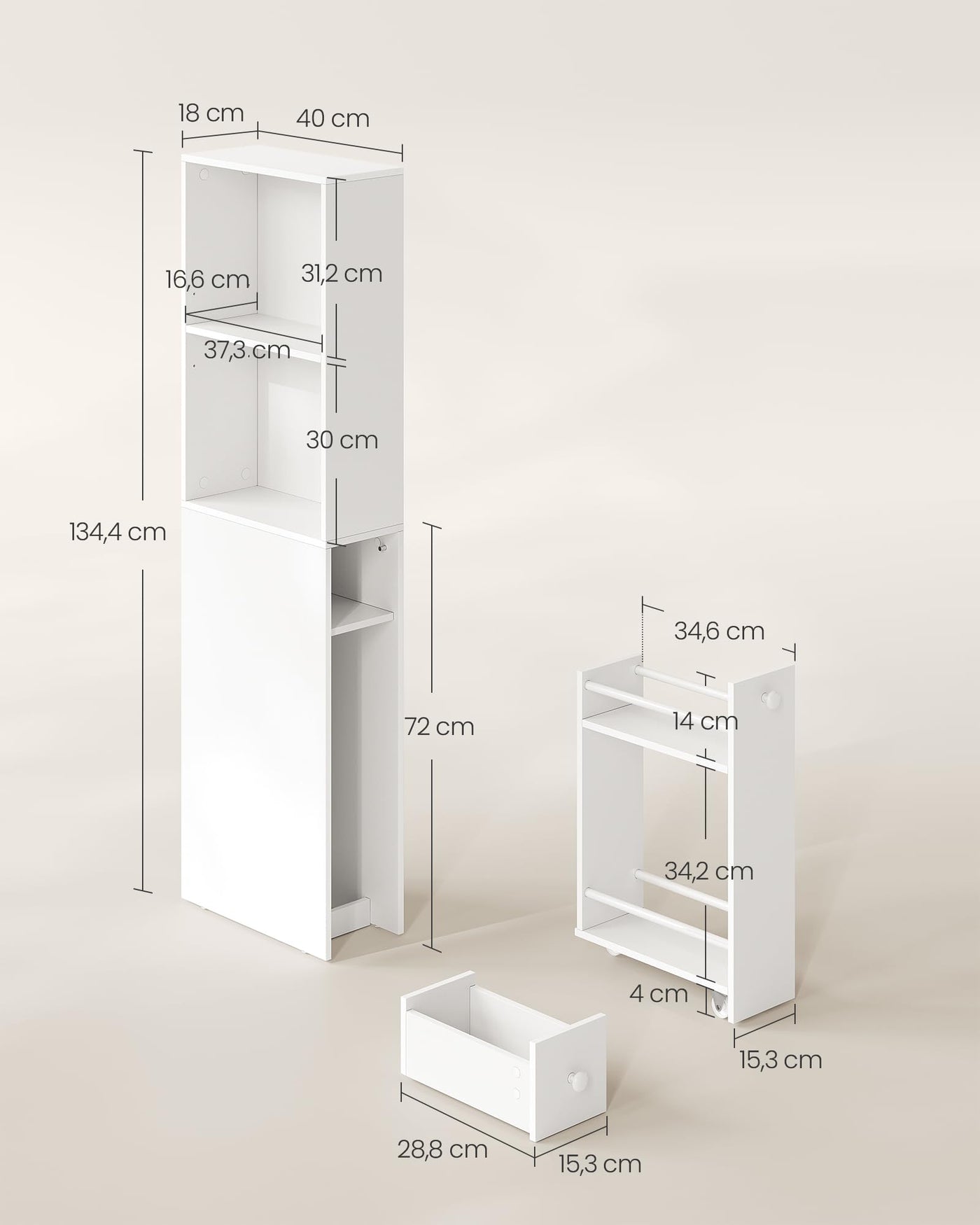 VASAGLE Badezimmschrank hoch, Hochschrank, Badschrank schmal, freistehend, mit Schubladen und höhenverstellbarer Ablage, für kleine Räume, modern, klassikweiß BBK567T14
