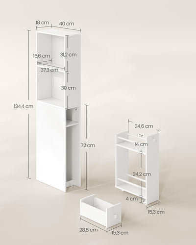 VASAGLE Badezimmschrank hoch, Hochschrank, Badschrank schmal, freistehend, mit Schubladen und höhenverstellbarer Ablage, für kleine Räume, modern, klassikweiß BBK567T14