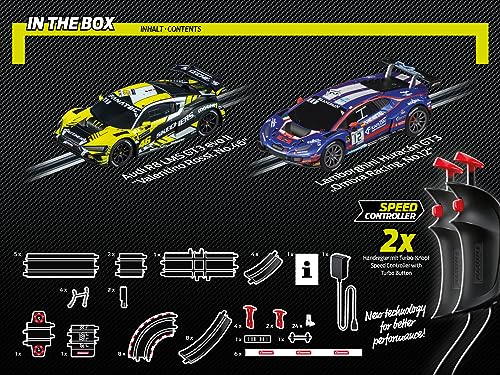 Carrera - 20062563 - Go I GT Super Challenge I Detailgetreue Audi R8 LMS GT3 evo II und Lamborghini Huracán GT3 im Maßstab 1:43 I Actiongeladener Rennspaß mit Rundenzähler und herausfordernder Strecke