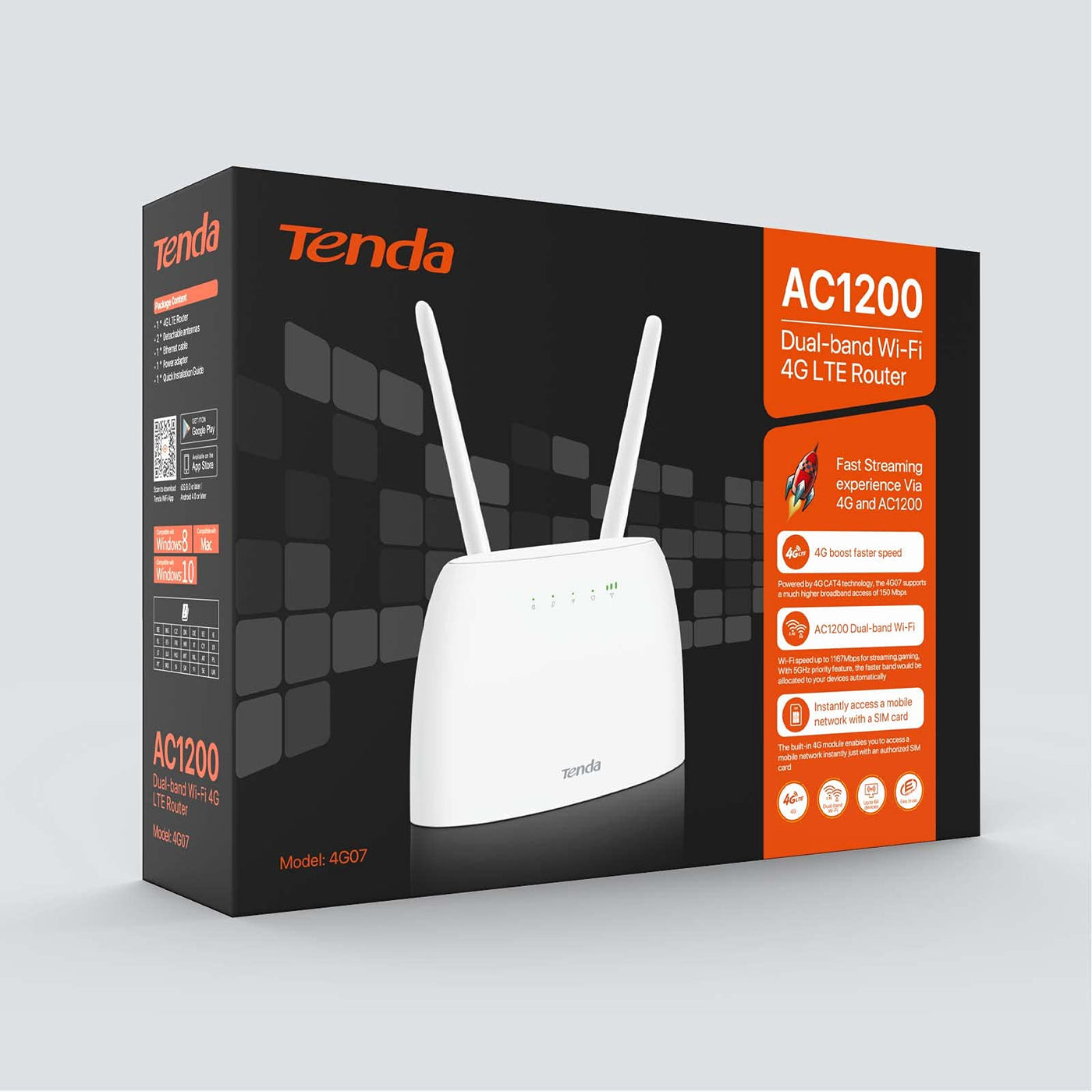 Tenda 4G07 4G LTE WLAN Router für SIM-Karten (CAT4, AC1200 Dualband 2,4GHz: 300Mbit/s + 5GHz: 867Mbit/s, 150 Mbit/s im Download) Plug & Play, LAN/WAN-Port, 2 Abnehmbare Antennen, MU-MIMO, Weiß