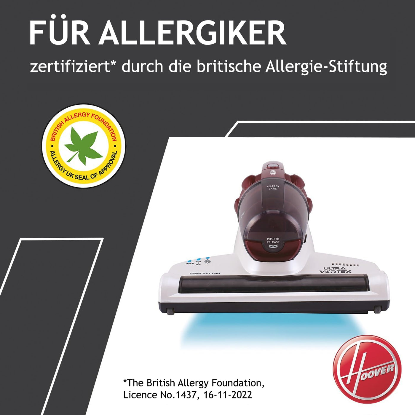 Hoover Ultra Vortex Milbensauger mit UV-Licht, bekämpft Bettwanzen – Polsterreiniger entfernt 99,9 % Bakterien, Allergene, Staub-Milben – Matratzenreiniger für hygienische Reinigung, für Allergiker