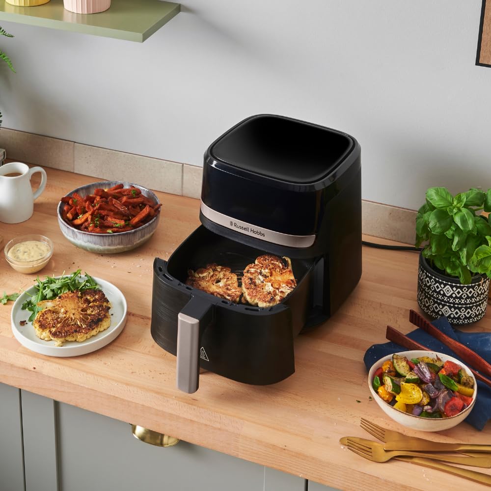 Russell Hobbs Heißluftfritteuse L 4,3L Rapid AirFryer [sehr kleines Gehäuse, sehr leise, 9 Programme] SatisFry (spülmaschinenfest, Fritteuse ohne Öl, TouchScreen, Grillen, Backen, Braten etc) 27610-56