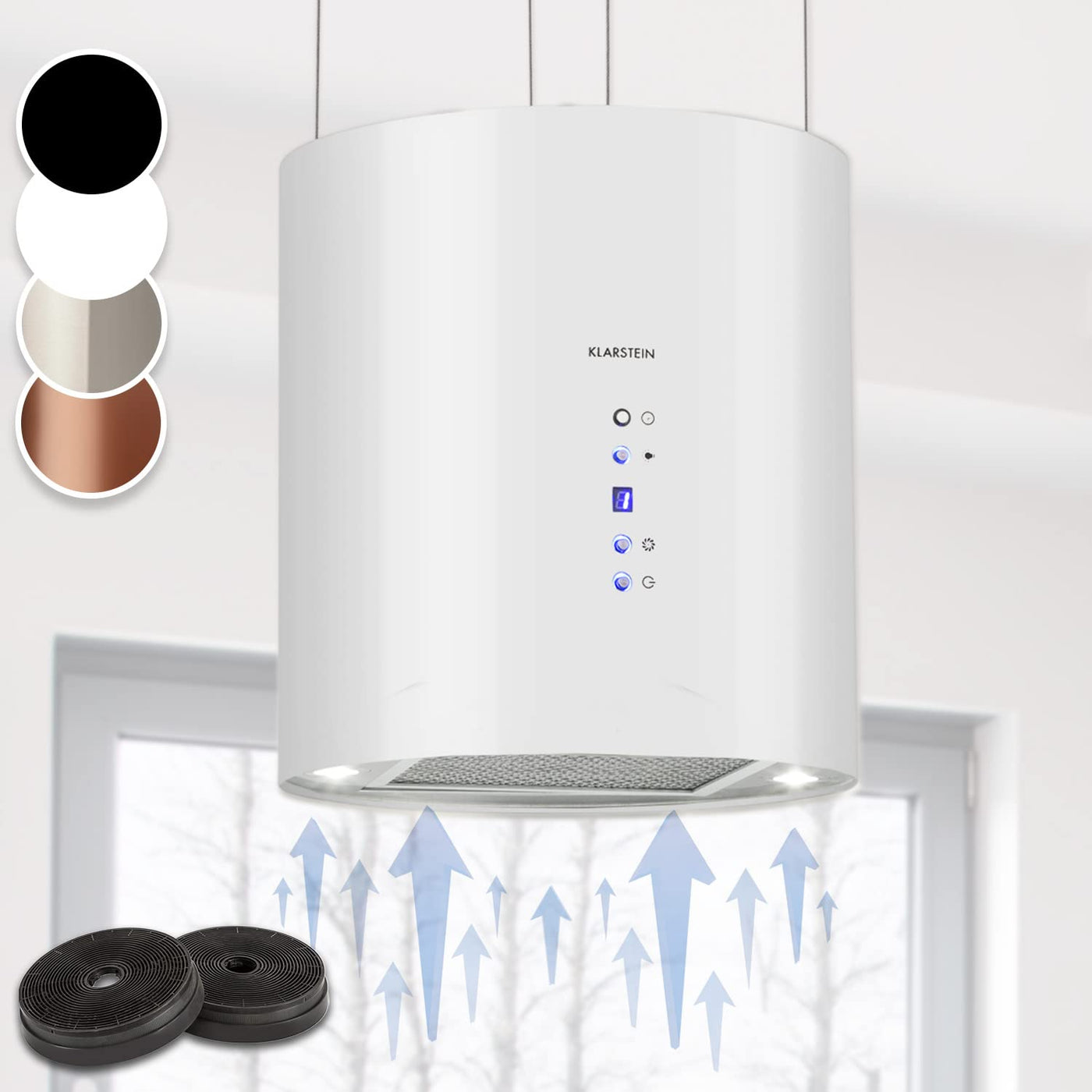 Klarstein Barett Inselabzugshaube - Dunstabzugshaube, Inselhaube, Ø 35cm, 190 W Motorleistung, max. 560 m³/h Umluftleistung, 3 Leistungsstufen, LED-Kochflächenbeleuchtung, Edelstahl, weiß