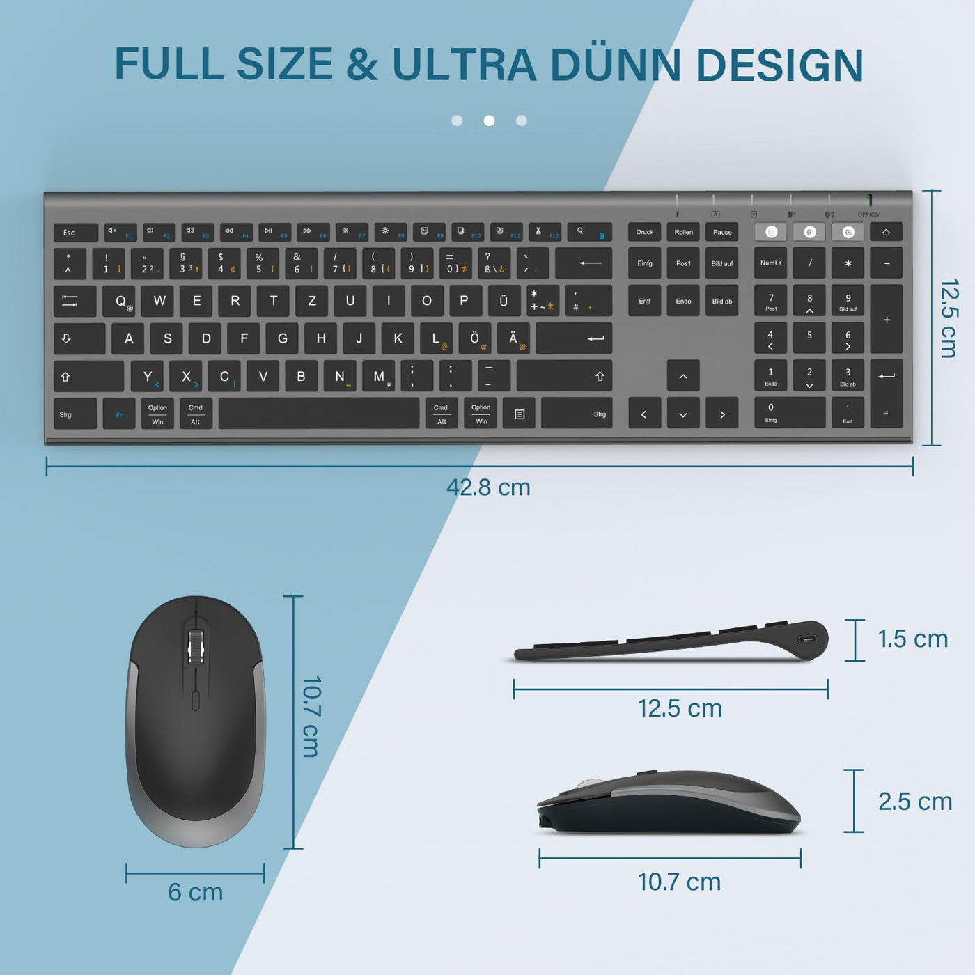seenda Bluetooth Tastatur mit Maus Kabellos, Dual Bluetooth & 2.4G USB-Stick Tastatur Maus Set Kabellos, Wiederaufladbare Funktastatur Maus mit DE Layout für Mac/Windows/Android - Schwarz&Grau