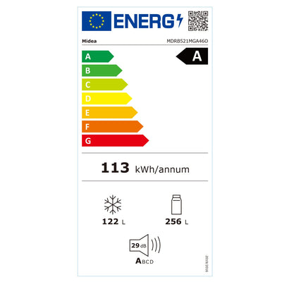 Midea MDRB521MGA46O Kühl-/Gefrierkombination/NoFrost/Besonders leise 29dB/Inverter Kompressor/Niedrigtemperaturzone/180° Verstellbare Gefrierfach-Schublade/201 cm hoch/256 L Kühlteil/122 L Gefrierteil