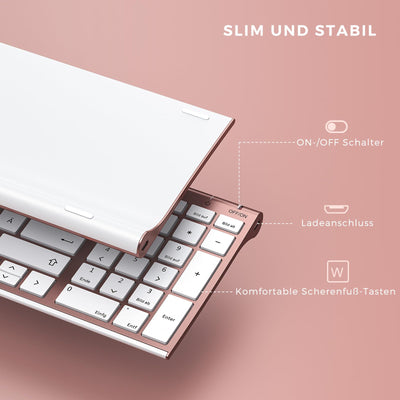 seenda Tastatur Maus Set Kabellos, Wiederaufladbare Aluminium Tastatur mit kompaktes Design, Ultradünne und Leise Funktastatur mit Maus für PC/Laptop/Smart TV, 1200 DPI, QWERTZ Layout, Weiß&Rosagold