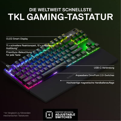 SteelSeries Apex Pro TKL HyperMagnetic Gaming-Tastatur – Die schnellste Tastatur – Anpassbares Ansprechverhalten – OLED-Bildschirm – PBT-Keycaps – USB-C – 2023 Edition – Deutsches Tastatur QWERTZ