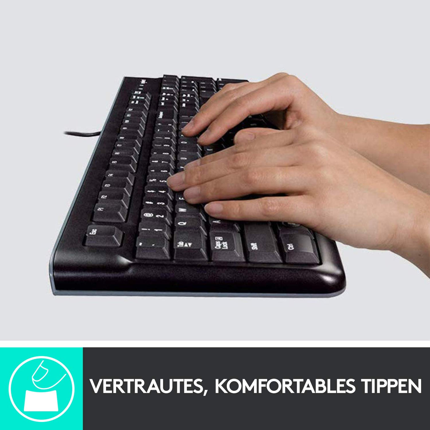 Logitech K120 Kabelgebundene Business Tastatur für Windows und Linux, USB-Anschluss, Leises Tippen, Robust, Spritzwassergeschützt, Tastaturaufsteller, Deutsches QWERTZ-Layout - Schwarz