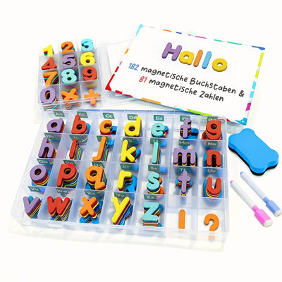 Magnetische Buchstaben und Zahlen für Kinder – Das komplette Set: 182 Buchstaben und 81 Zahlen sowie Symbole – Kühlschrankmagneten – Beinhaltet 2 Boxen, Magnettafel, Stifte und Löschschwamm