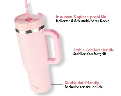 Milu Thermobecher 1,2L mit Strohhalm und Henkel – 48h Eis/24h kalt/12h heiß Edelstahl Tumbler 40oz mit Griff Isolierbecher to go Isolierflasche Trinkflasche doppelwandig isoliert (Blossom Pink, 1,2L)
