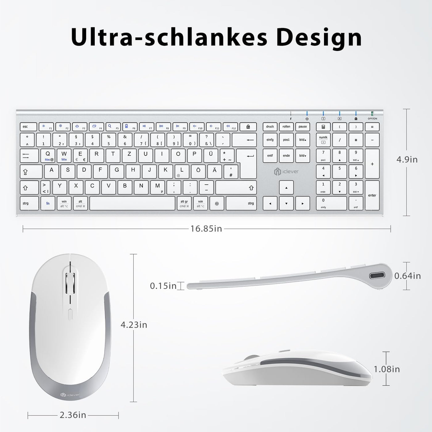 iClever kabellose Tastatur und Maus Set, 2.4G kabellose Tastatur und Maus, USB-C wiederaufladbar, Originalgröße, schlanke, dünne und widerstandsfähige Tastatur für Windows 7/8/10, Mac OS