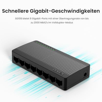 Tenda Netzwerk Switch 8 Port Gigabit LAN Switch, LAN Splitter, LAN Verteiler (Plug-and-Play, Lüfterlos, Unmanaged, Schwarz)(SG108 V4.0)