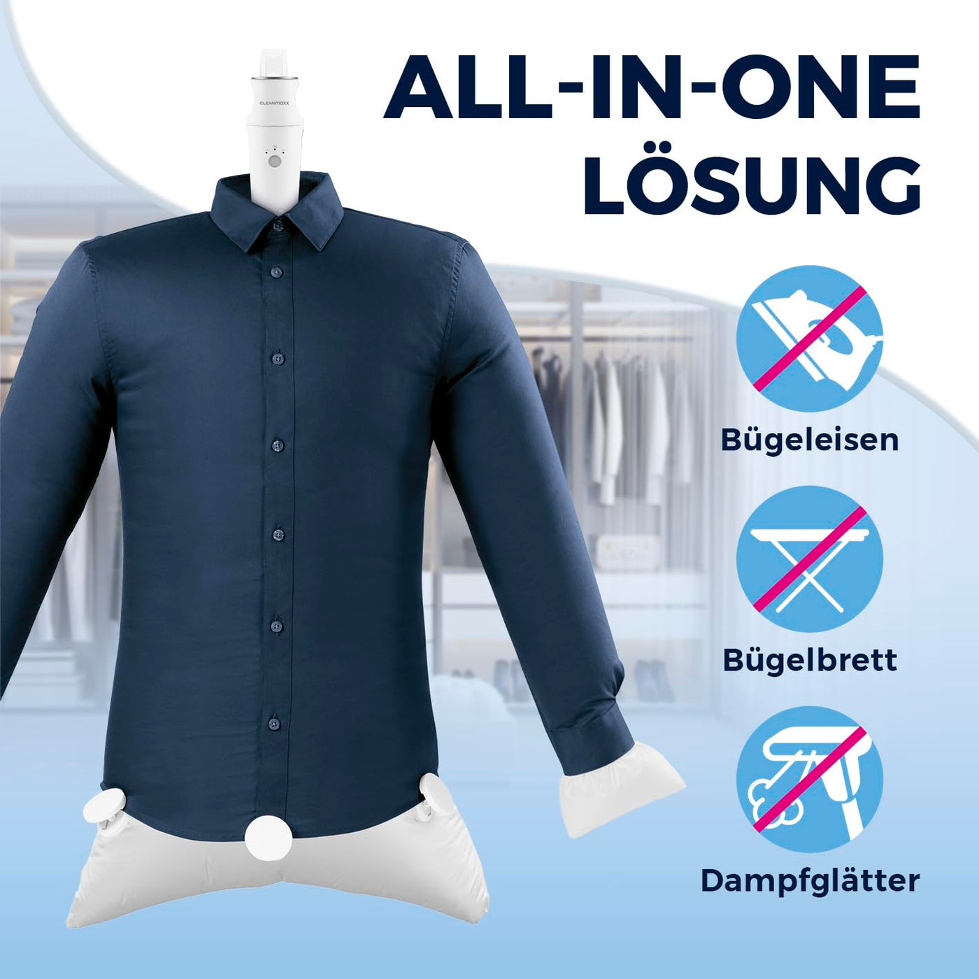 CLEANmaxx automatischer Hemdenbügler PRO KOMPAKT | handlich & platzsparend, ersetzt Bügeleisen & Dampfglätter | Bügelgerät mit Bügelpuppe zum Anhängen an die Tür | für Hemden & Co, weiß