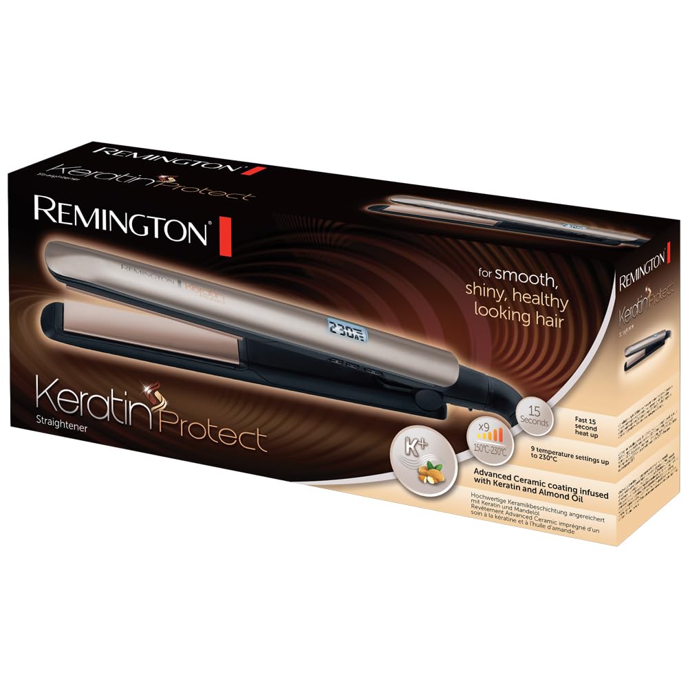 Remington Glätteisen [hochwertige Beschichtung] Keratin (Keramikbeschichtung mit Keratin & Mandelöl angereichert) LCD-Display, 10 Temperatureinstellungen 150-230°C, Haarglätter S8540,Schwarz, 110 mm