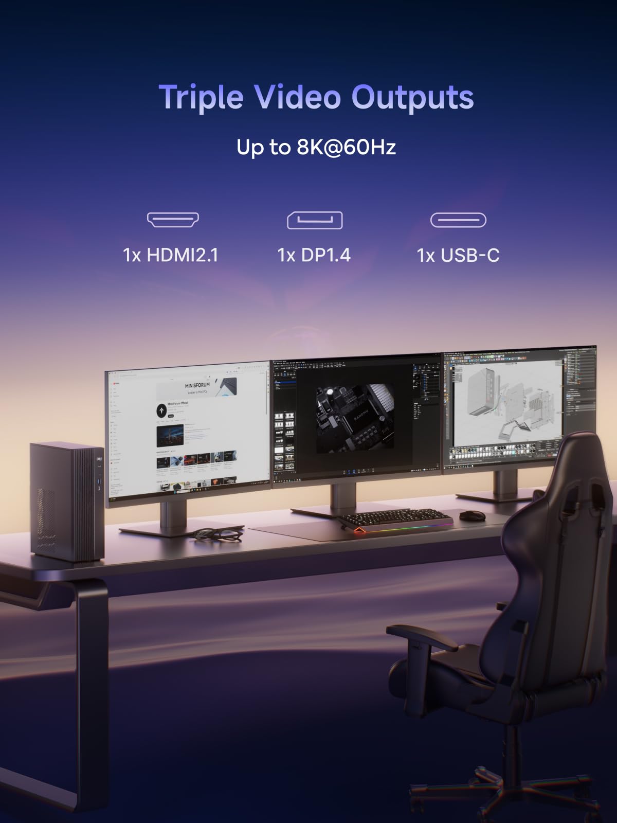 Minis Forum 795S7 Mini PC, AMD Ryzen 9 7945HX-Prozessor, 16C/32T bis zu 5,4 GHz, GeForce RTX 4060 8G, 32 GB DDR5 RAM, max. 64 GB/1 TB PCIe4.0 SSD, HDMI/DP/RJ45-Erweiterungen 2,5 G/PCIe 5,0X16