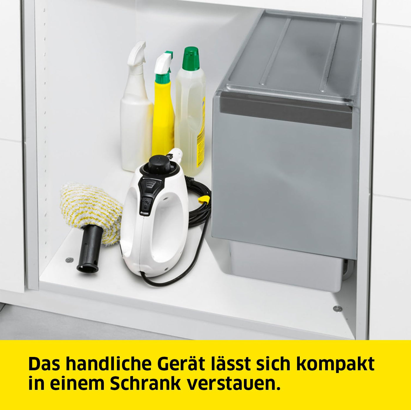 Kärcher Dampfreiniger SC 1, Dampfdruck: 3 bar, Aufheizzeit: 3 min., Leistung: 1.200 W, Flächenleistung: 20 m², Tank: 200 ml, mit Hand-, Punktstrahl- und Powerdüse, Mikrofaser-Überzug und Rundbürste