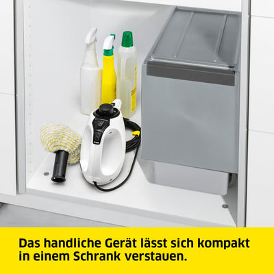 Kärcher Dampfreiniger SC 1, Dampfdruck: 3 bar, Aufheizzeit: 3 min., Leistung: 1.200 W, Flächenleistung: 20 m², Tank: 200 ml, mit Hand-, Punktstrahl- und Powerdüse, Mikrofaser-Überzug und Rundbürste