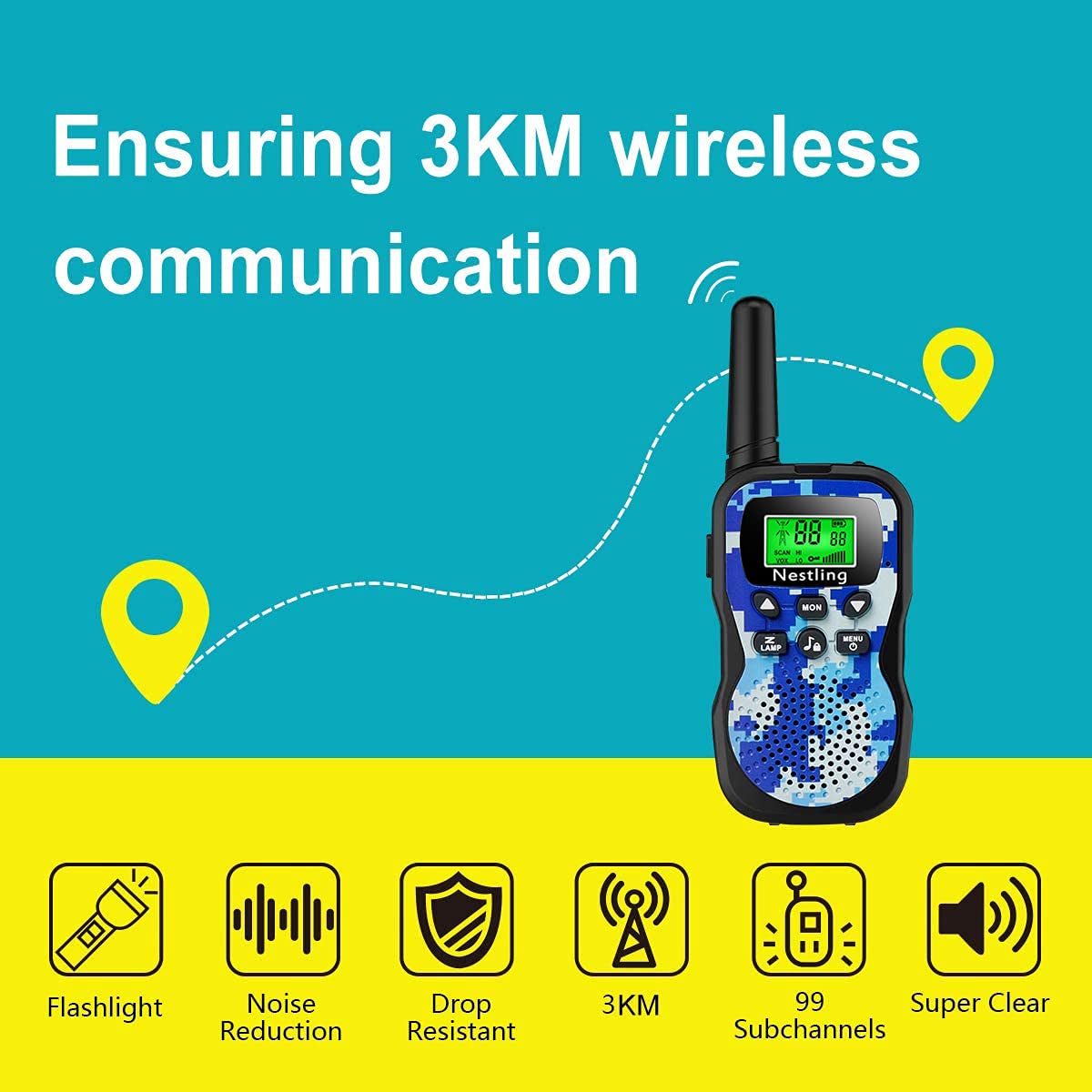 Nestling Walkie Talkie 3 Stück, Verbesserte Version Camouflage 8 Kanäle, 2-Wege-Radio-Spielzeug mit Hintergrundbeleuchtung LCD-Taschenlampe, 3 KM Reichweite für Kinder, Indoor-Outdoor-Aktivität