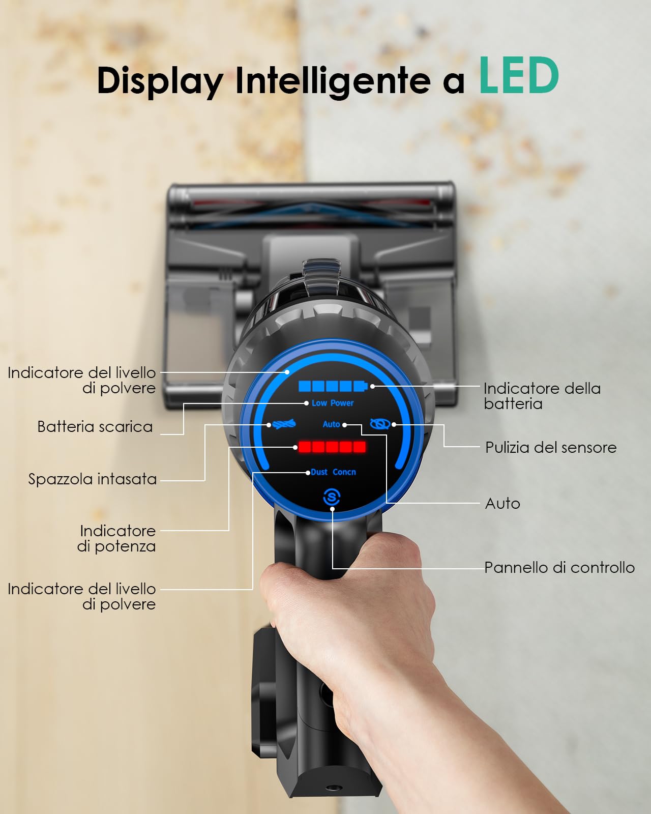Linkifly A10 Akku Staubsauger mit Wischfunktion, 550W/45KPa Staubsauger kabellos, 60Min Laufzeit, 2 in 1 Bodenwischer mit intelligentem Touchscreen für Hartböden, Tierhaare
