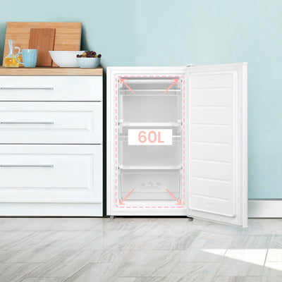 COMFEE' RCU60WH2(E) 60L Gefrierschrank senkrecht, 3 Fächer, Eintür, einstellbare Temperatur, umkehrbare Tür, leise, Freistehend, Weiß