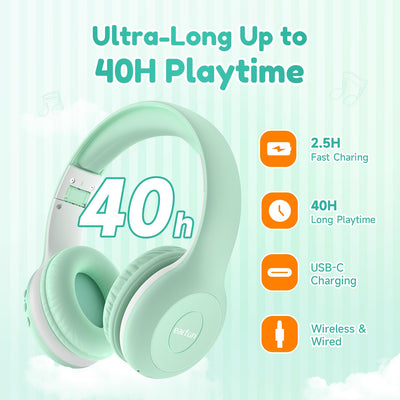 EarFun Bluetooth Kopfhörer Kinder, 85/94dB Lautstärkeregelung, HiFi Sound, HD-Mikrofon, 40 Std Akku, Faltbare, Einstellbar, Kopfhörer Kabellos Bluetooth Kinder für Schule/Reise/PC, Grün