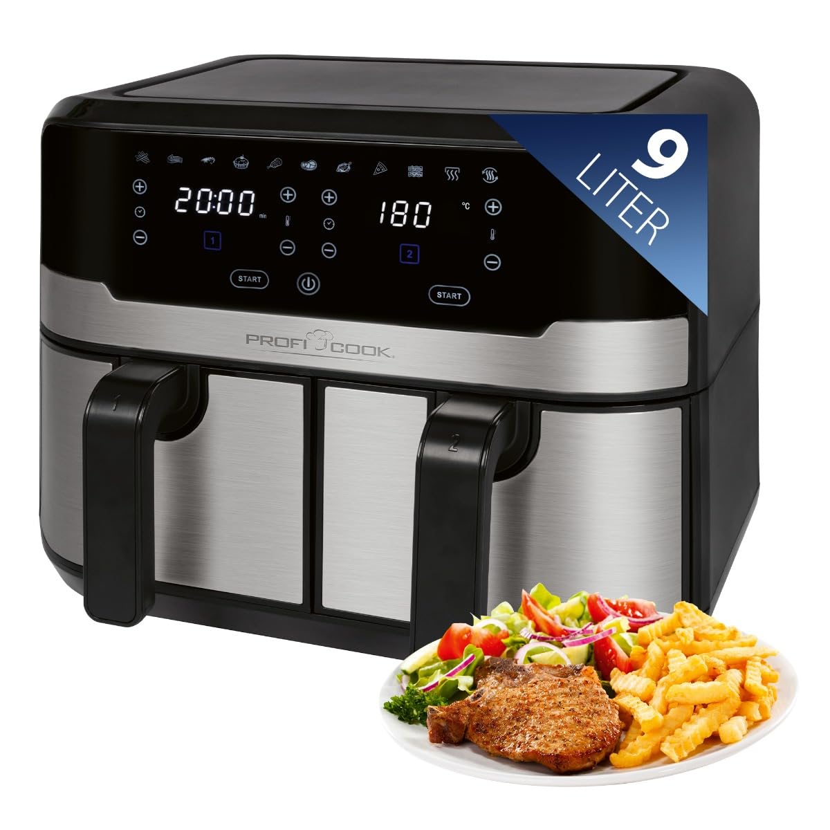 ProfiCook® Doppel-Heißluftfritteuse | 9 Liter | XXL Heißluftfritteuse Doppelkammer | Frittieren mit heißer Luft ohne zusätzliches Öl | 9 Programme | Air Fryer |Touchscreen | 2400 Watt | PC-FR 1242 H