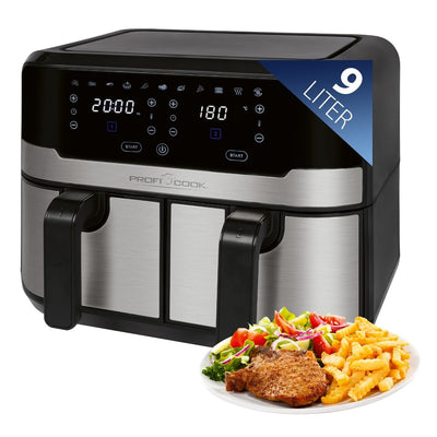ProfiCook® Doppel-Heißluftfritteuse | 9 Liter | XXL Heißluftfritteuse Doppelkammer | Frittieren mit heißer Luft ohne zusätzliches Öl | 9 Programme | Air Fryer |Touchscreen | 2400 Watt | PC-FR 1242 H