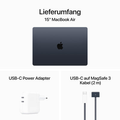 Apple 15" MacBook Air Laptop mit M3 Chip: 15,3" Liquid Retina Display, 16 GB gemeinsamer Arbeitsspeicher, 256 GB SSD Speicher, beleuchtete Tastatur, 1080p FaceTime HD Kamera, Touch ID, Mitternacht