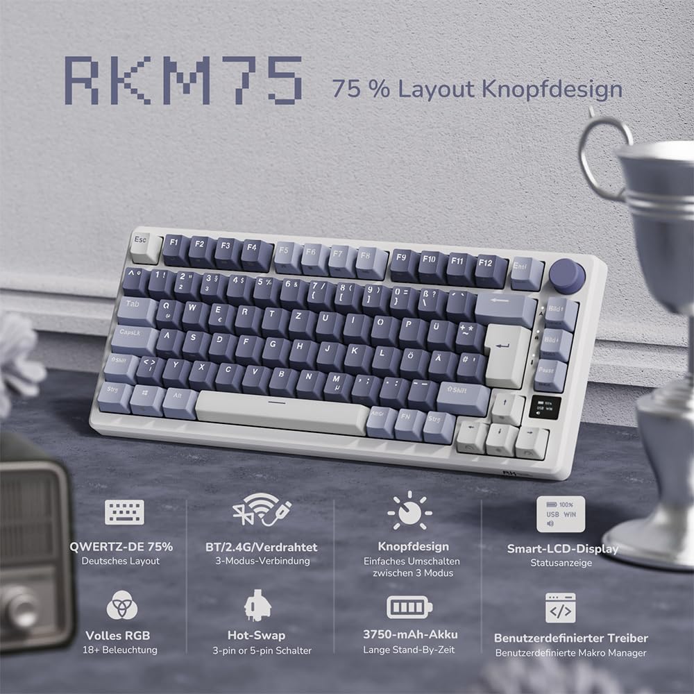 RK ROYAL KLUDGE M75 Gaming Tastatur kabellos 75% TKL Mechanische Tastatur RGB 2,4 GHz Wireless/Bluetooth/USB-C QWERTZ mit OLED-Smart-Display und Knopf Hot Swappable Roter Schalter, Lavendelviolett