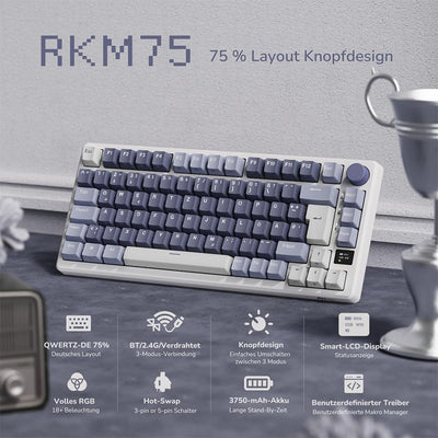 RK ROYAL KLUDGE M75 Gaming Tastatur kabellos 75% TKL Mechanische Tastatur RGB 2,4 GHz Wireless/Bluetooth/USB-C QWERTZ mit OLED-Smart-Display und Knopf Hot Swappable Roter Schalter, Lavendelviolett