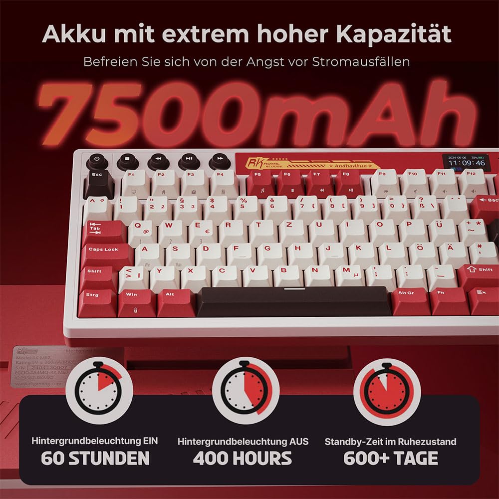 RK ROYAL KLUDGE M87 Mechanische Tastatur Kabellos mit Display und Doppelknopf, Gasket 75% Gaming Tastatur TKL, QWERTZ Bluetooth/2.4Ghz/USB-C RGB QMK/VIA, 7500 mAh, Hot Swap Linear Creamy Switches