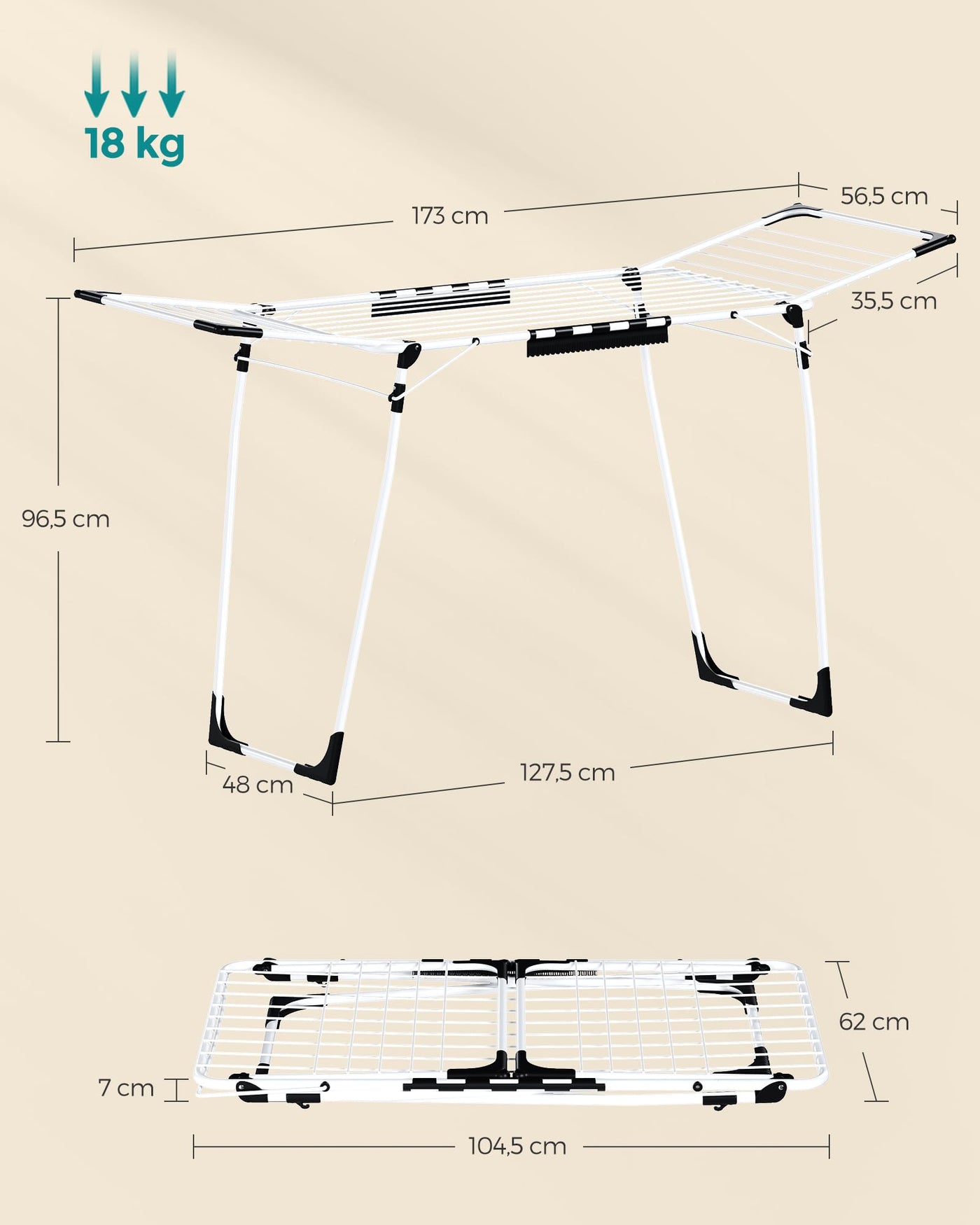 SONGMICS Wäscheständer, Standtrockner 56,5 x 173 x 96,5 cm, Flügelwäscheständer, Flügelwäschetrockner platzsparend, mit Sockenhalter, Metall, für Kleidung, Handtücher, Wäsche, weiß LLR518W01