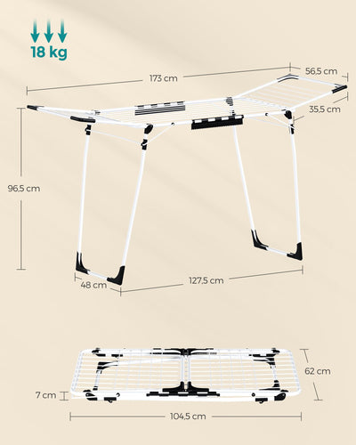 SONGMICS Wäscheständer, Standtrockner 56,5 x 173 x 96,5 cm, Flügelwäscheständer, Flügelwäschetrockner platzsparend, mit Sockenhalter, Metall, für Kleidung, Handtücher, Wäsche, weiß LLR518W01