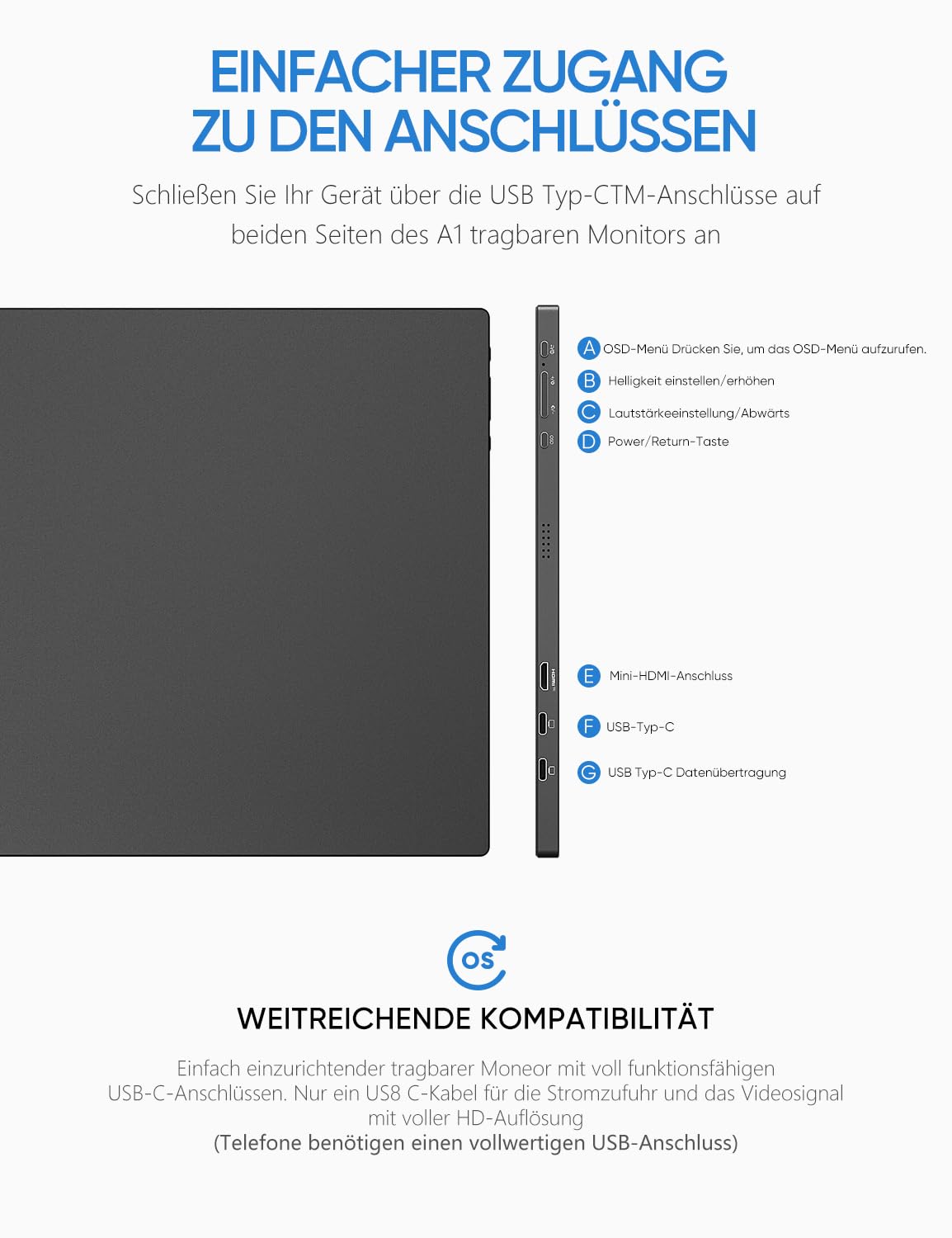 ARZOPA 16.0" 2.5k Portable Monitor, 2560x1600 HDR Display, 500nits 8bit QHD, USB-C HDMI Tragbarer Monitor für Laptop, 16:10 IPS, Unipolar Support für Mac PC PS4/5 Xbox Switch