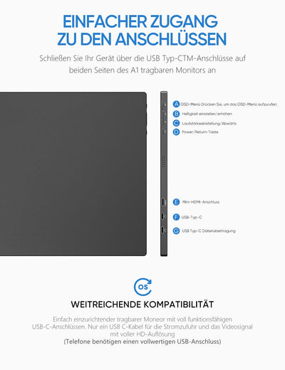 ARZOPA 16.0" 2.5k Portable Monitor, 2560x1600 HDR Display, 500nits 8bit QHD, USB-C HDMI Tragbarer Monitor für Laptop, 16:10 IPS, Unipolar Support für Mac PC PS4/5 Xbox Switch