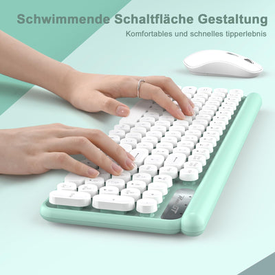 Tastatur Maus Set Kabellos,RaceGT Retro Schreibmaschine Tastatur Funktastatur mit Maus USB Grün Tastatur Bunt Maus und Tastatur Wireless Keyboard and Mouse QWERTZ Deutsch Layout