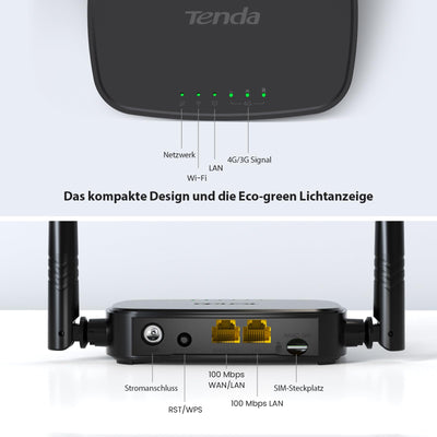 Tenda 4G03 Pro 4G LTE Router, WLAN Router für Nano-SIM-Karten (N300 CAT4, 150 Mbit/s im Download, 300 Mbit/s 2,4GHz) 2*4dBi Antennen, Plug & Play, Fast-Ethernet-Port, App, Router Modus, LED, Schwarz