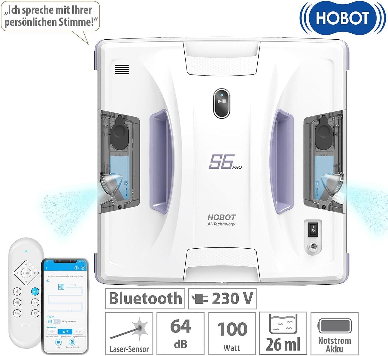 Sichler Exclusive Fensterputz-Roboter Akku: HOBOT S6 Pro Profi-Fensterputz-Roboter, Versandrückläufer (Fensterputz-Roboter Sprüh, Fensterputzroboter, Scheibenwischer)