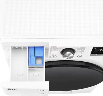 LG F2V7SLIM9, Klasse A, Waschmaschine Slim 9 kg, 60x47.5x85 cm, Wi-Fi, AI Direct Drive, Tiefenreinigung mit Dampf, TurboWash 360°, Außentür aus Gehärtetem Glas, Weiß mit Schwarzem Bullaugenring