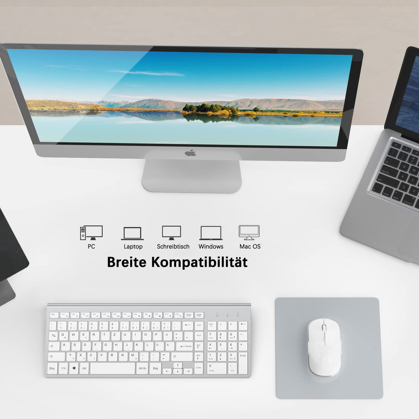 JOYACCESS J Tastatur Maus Set Kabellos, 2.4G Ultra Dünne Funktastatur mit Maus, Ergonomischer und Leise 2400DPI Optische Maus für PC/Laptop/Smart TV(QWERTZ, Deutsches Layout) - Schwarz und Grau