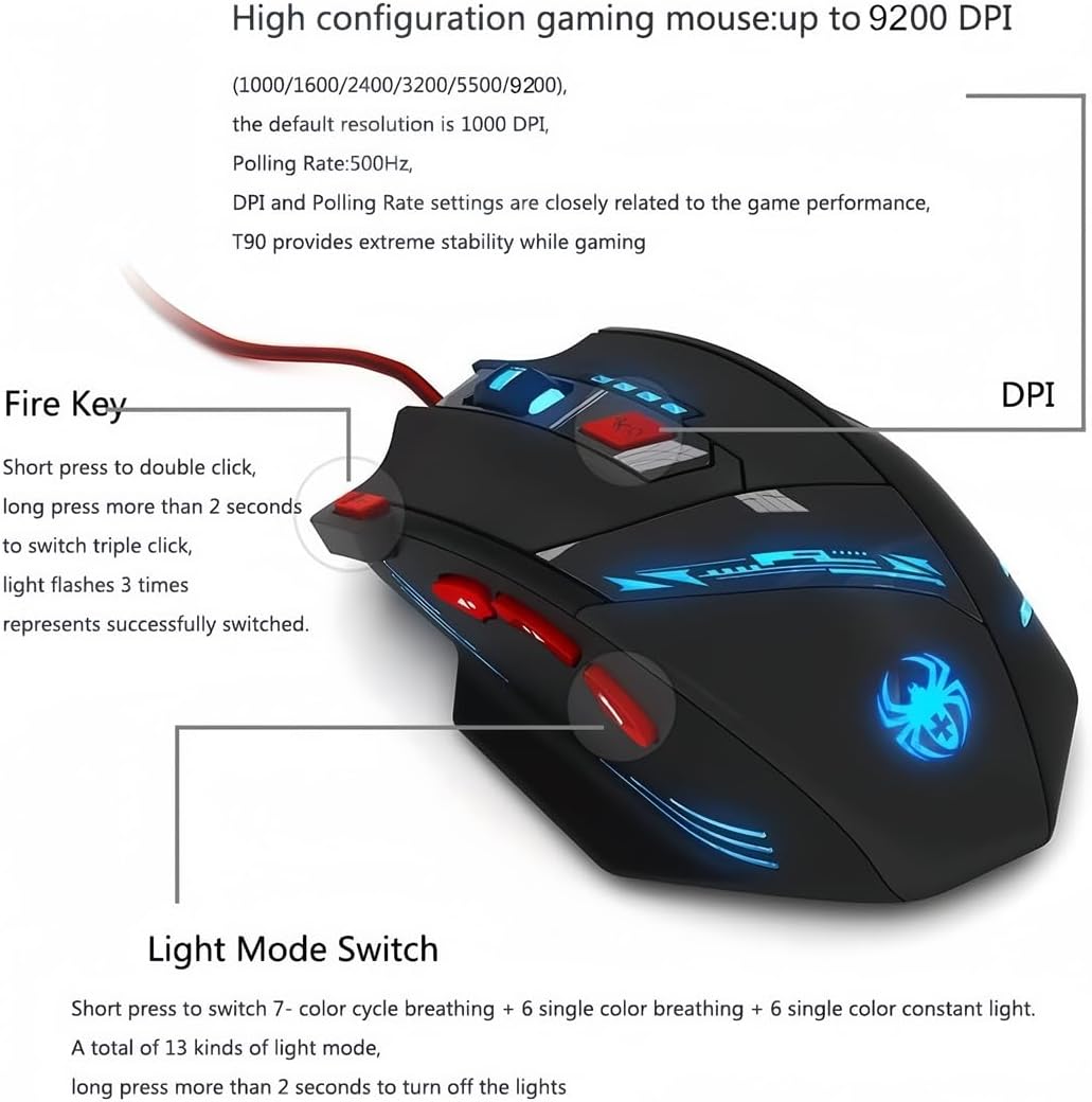zelotes T90 Gaming Maus 9200 DPI, 8 Programmierbare Tasten, Multi-Modi LED, USB Gaming Maus, Gewichtstuning für Pro Gamer