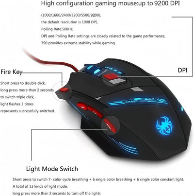 zelotes T90 Gaming Maus 9200 DPI, 8 Programmierbare Tasten, Multi-Modi LED, USB Gaming Maus, Gewichtstuning für Pro Gamer