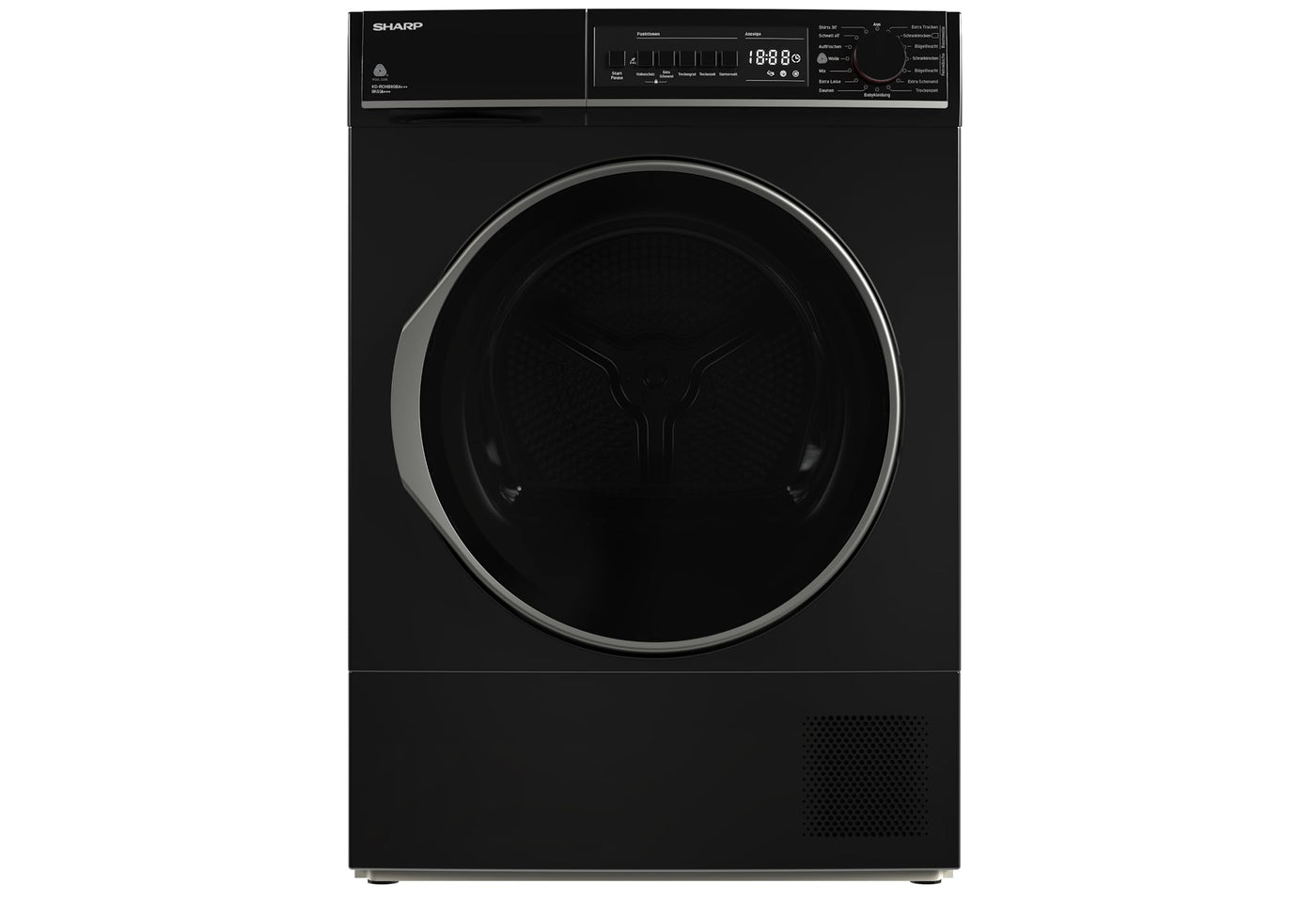 Sharp KD-ROHB8GBA+++-DEWärmepumpentrockner / A+++ / 8 kg / 15 Programme inkl. 30 min Kurzprogramm / BubbleDrum-Schontrolmmel mit LED-Trommelbeleuchtung / Ablaufschlauch / Schwarz