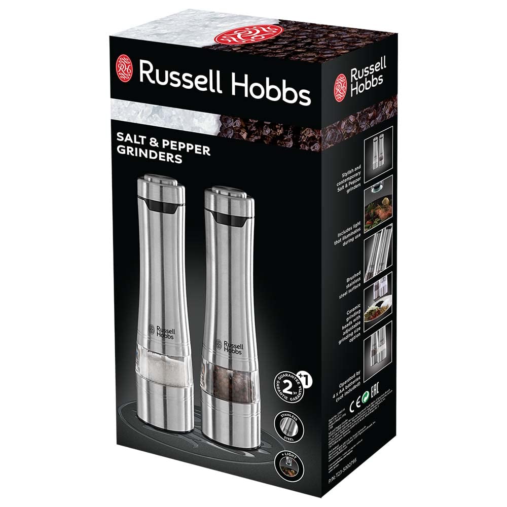 Russell Hobbs Salz und Pfeffer Mühle elektrisch [2er Set] Edelstahl (Keramikmahlwerk für getrocknete Gewürze & Kräuter, Mahlgrad einstellbar fein bis grob, LED Beleuchtung) Gewürzmühlen 23460-56