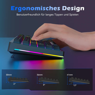 TECURS Gaming Tastatur - Mechanische Tastatur Kabellos Programmierbare 80% TKL QWERTZ mit Rote Schalter, RGB-Beleuchtung, Multimedia-Tasten, Mechanical Keyboard für PC/Mac/PS4/PS5, Schwarz