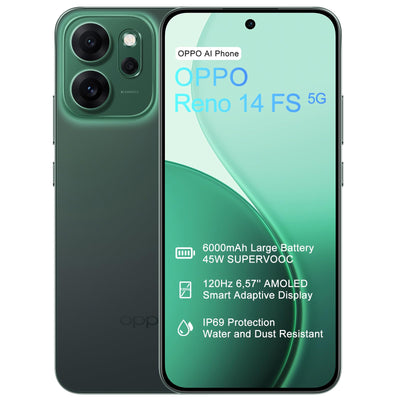 OPPO Reno14 FS 5G 12+512GB Smartphone ohne Vertrag, Simlockfreies AI Handy Android, 120Hz 6,57" AMOLED, 50MP AI Kamera, 6000mAh Akku, SUPERVOOC 45W, Snapdragon 6 Gen 1, IP69, Dual SIM, NFC, Grün