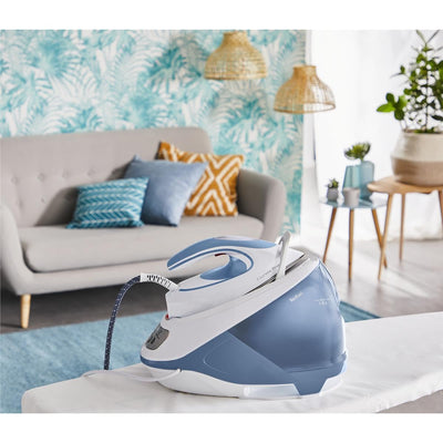Tefal Dampfbügelstation Express Protect SV9202|7,5 bar|Dampfstoß:520 g/Min.|Dauerdampfmenge:130 g/Min.|Anti-Kalk-Kollektor|Durilium AirGlide Autoclean-Bügelsohle|2600w|1.8L|39.8x24.3x29.4cm|Weiß/Blau